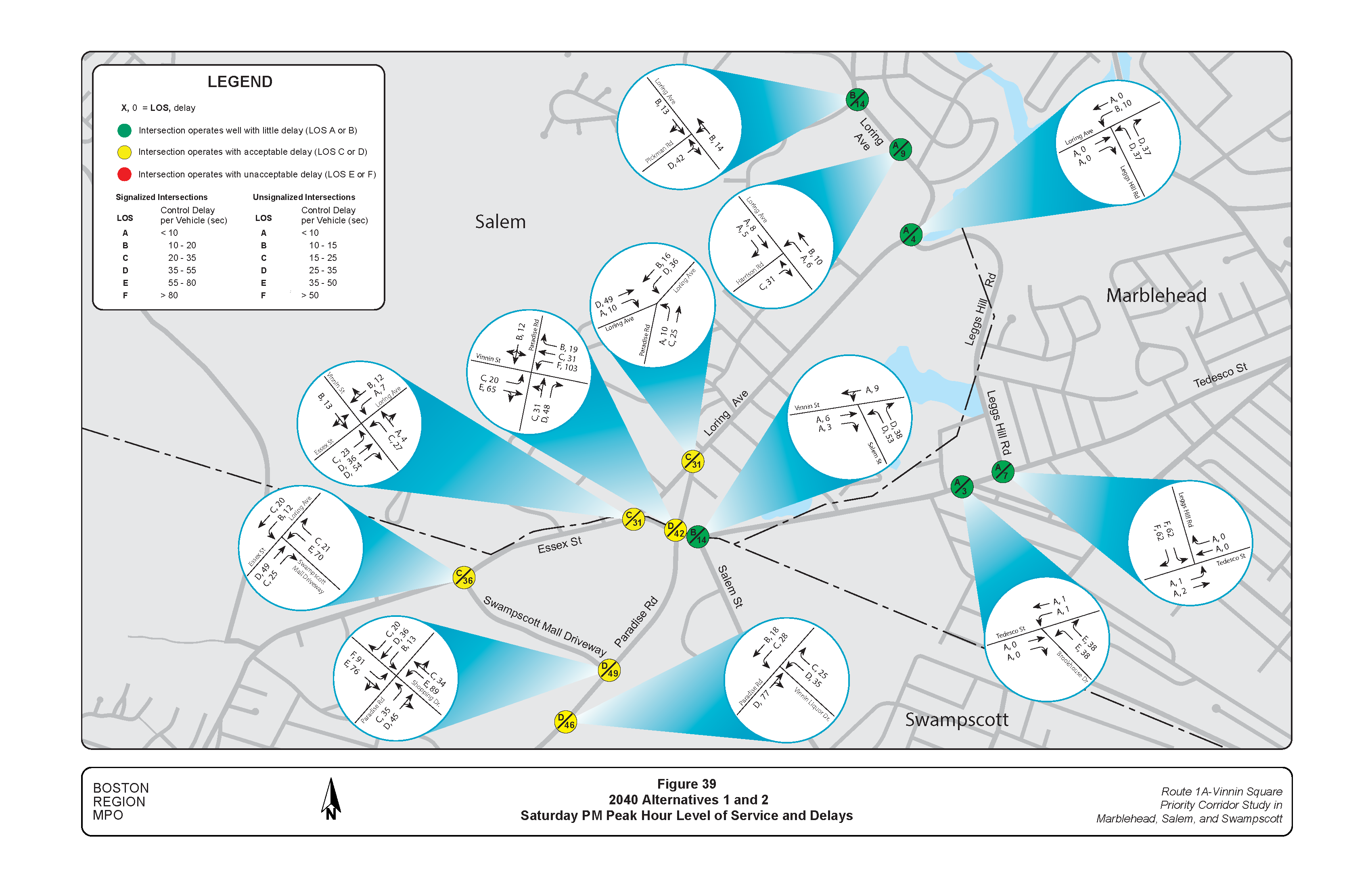 FIGURE 39. 2040 Alternatives 1 and 2: Saturday PM Peak Hour Level of Service and Delays.Figure 39 is a map of the study area with graphics embedded showing the level of service and delays during the Saturday peak hour travel time, projected to 2040, with the improvements described in Alternatives 1 and 2.